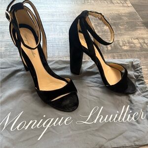 Monique Lhuillier Black Velvet Ankle-Strap Block Heels